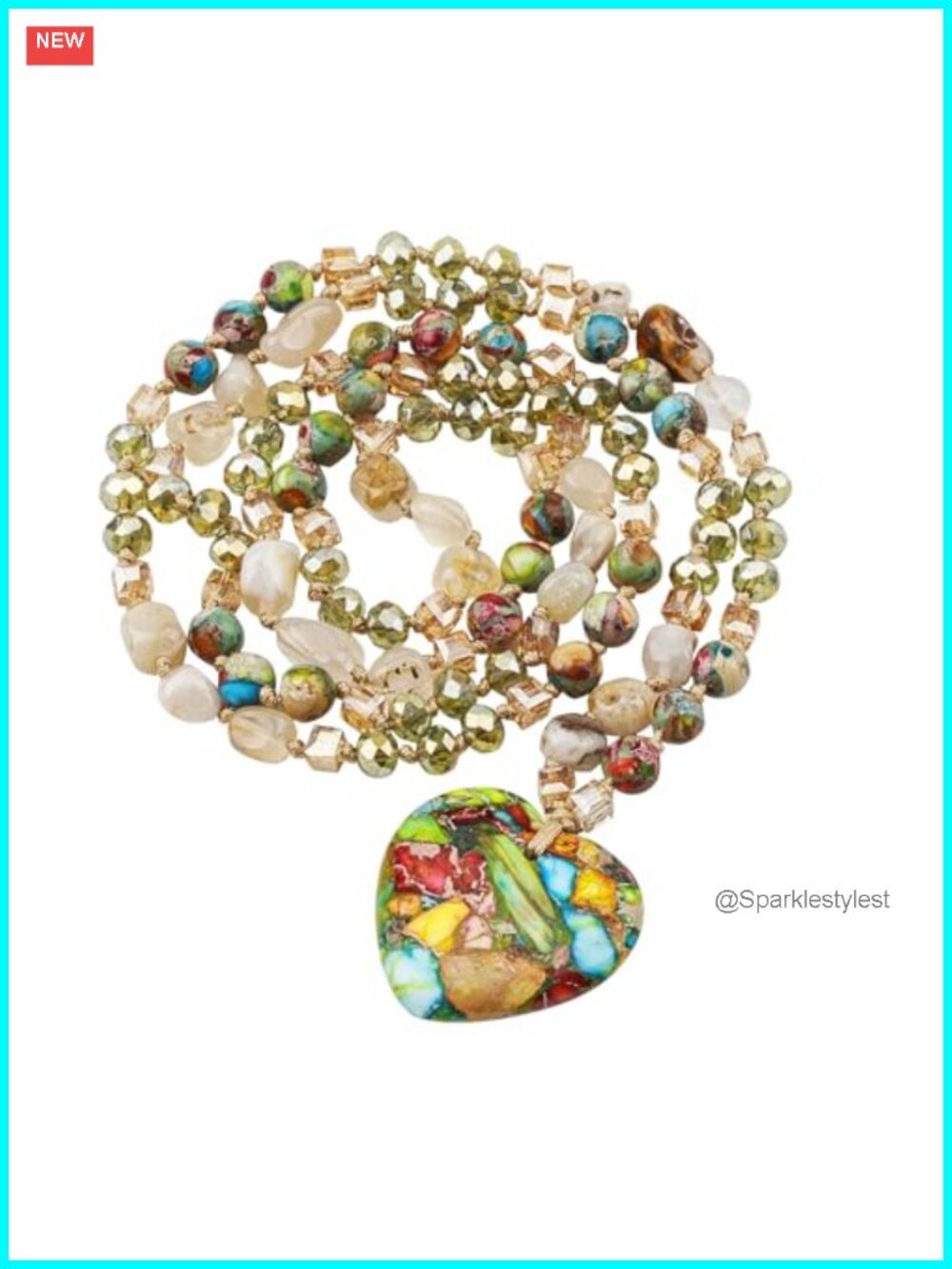 Boho Natural Stone Beaded Necklace 31.5in Heart Jasper Pendant Handmade Women